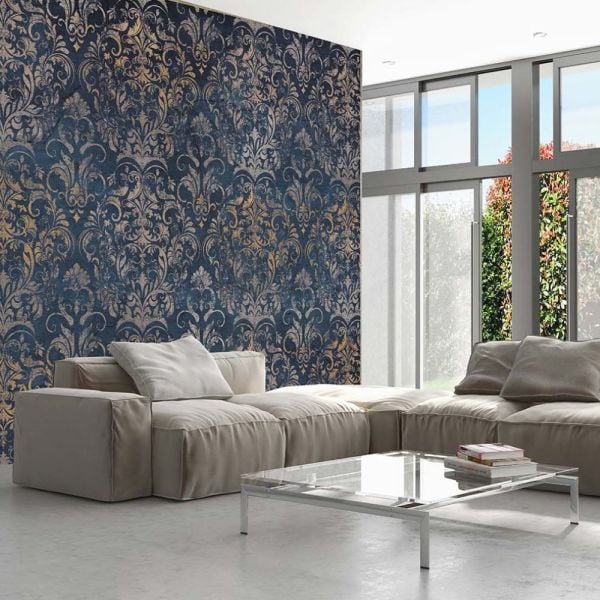 Koyu Lacivert Üzeri Şal Desen Duvar Kağıdı