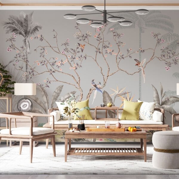 Gri Zeminde Sakura Ağaçları Kuşlar Duvar Kağıdı