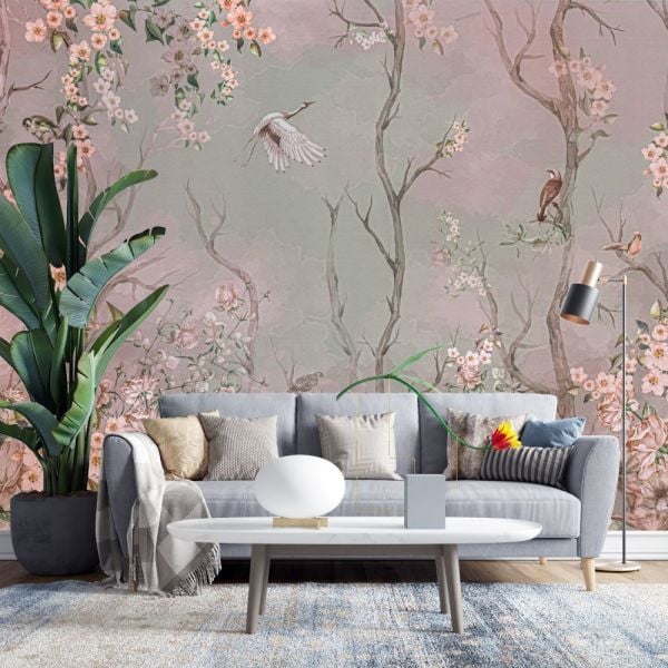 Japon Çiçekleri Dallar Kuşlar Duvar Kağıdı