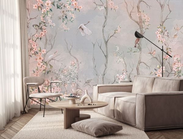 Japon Çiçekleri Dallar Kuşlar Duvar Kağıdı
