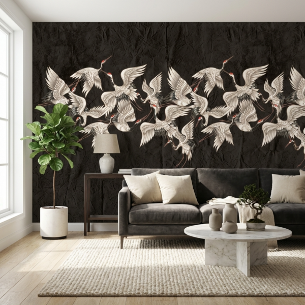 Siyah Zeminde Turna Kuşları Duvar Kağıdı