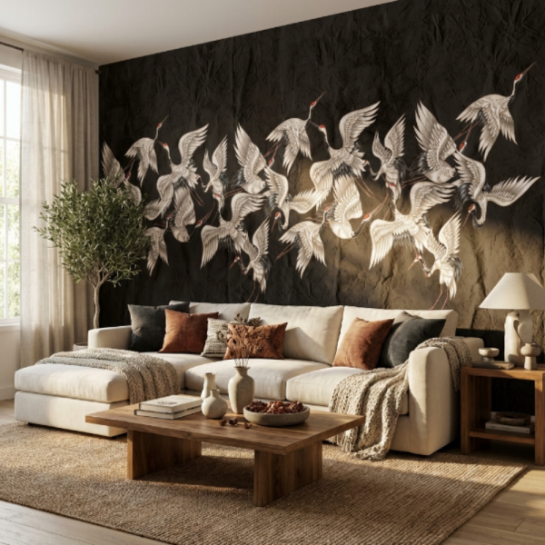 Siyah Zeminde Turna Kuşları Duvar Kağıdı