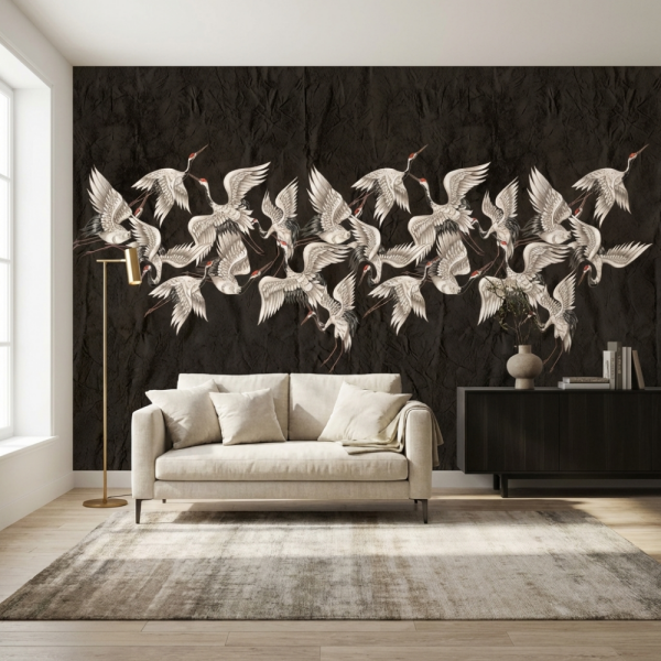 Siyah Zeminde Turna Kuşları Duvar Kağıdı