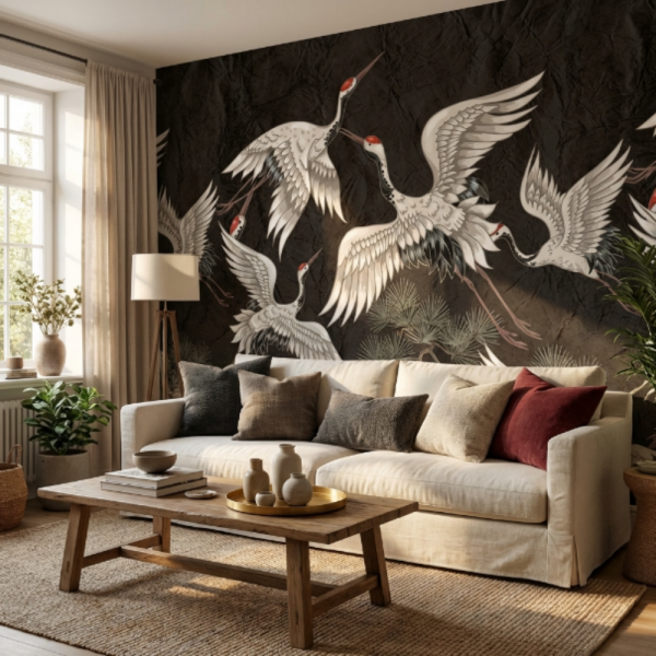 Siyah Zeminde Turna Kuşları Duvar Kağıdı