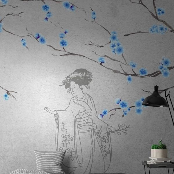 Mavi Japon Çiçekleri Ve Kadın Duvar Kağıdı