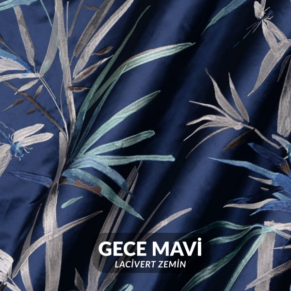 Saten Zemine Nakışlı Yusufçuklu Pano Kumaş Gece Mavi (Lacivert Zemin)