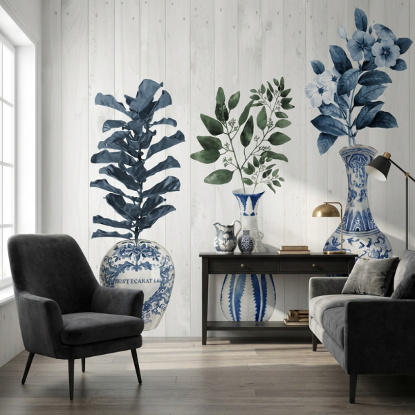 Mavi Antika Desen Tarz Vazolar Duvar Kağıdı