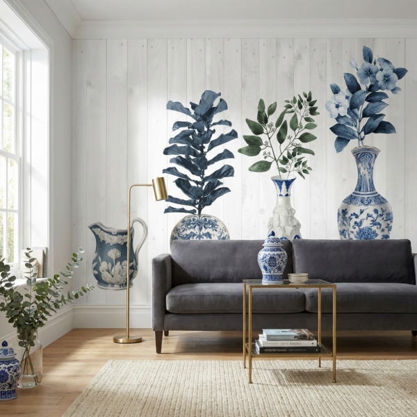 Mavi Antika Desen Tarz Vazolar Duvar Kağıdı