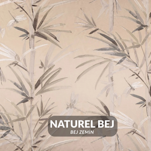 Saten Zemine Nakışlı Yusufçuklu Pano Kumaş Naturel Bej (Bej Zemin)