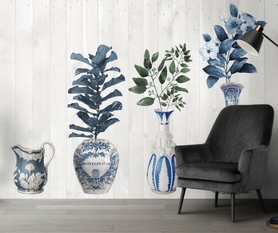 Mavi Antika Desen Tarz Vazolar Duvar Kağıdı