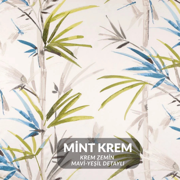 Saten Zemine Nakışlı Yusufçuklu Pano Kumaş Mint Krem (Krem Zemin)