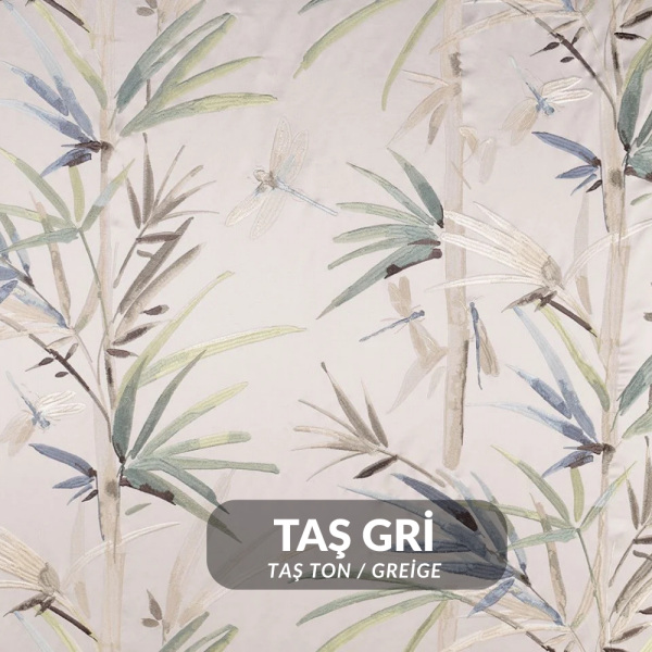 Saten Zemine Nakışlı Yusufçuklu Pano Kumaş Taş Gri (Taş Ton/Greige)
