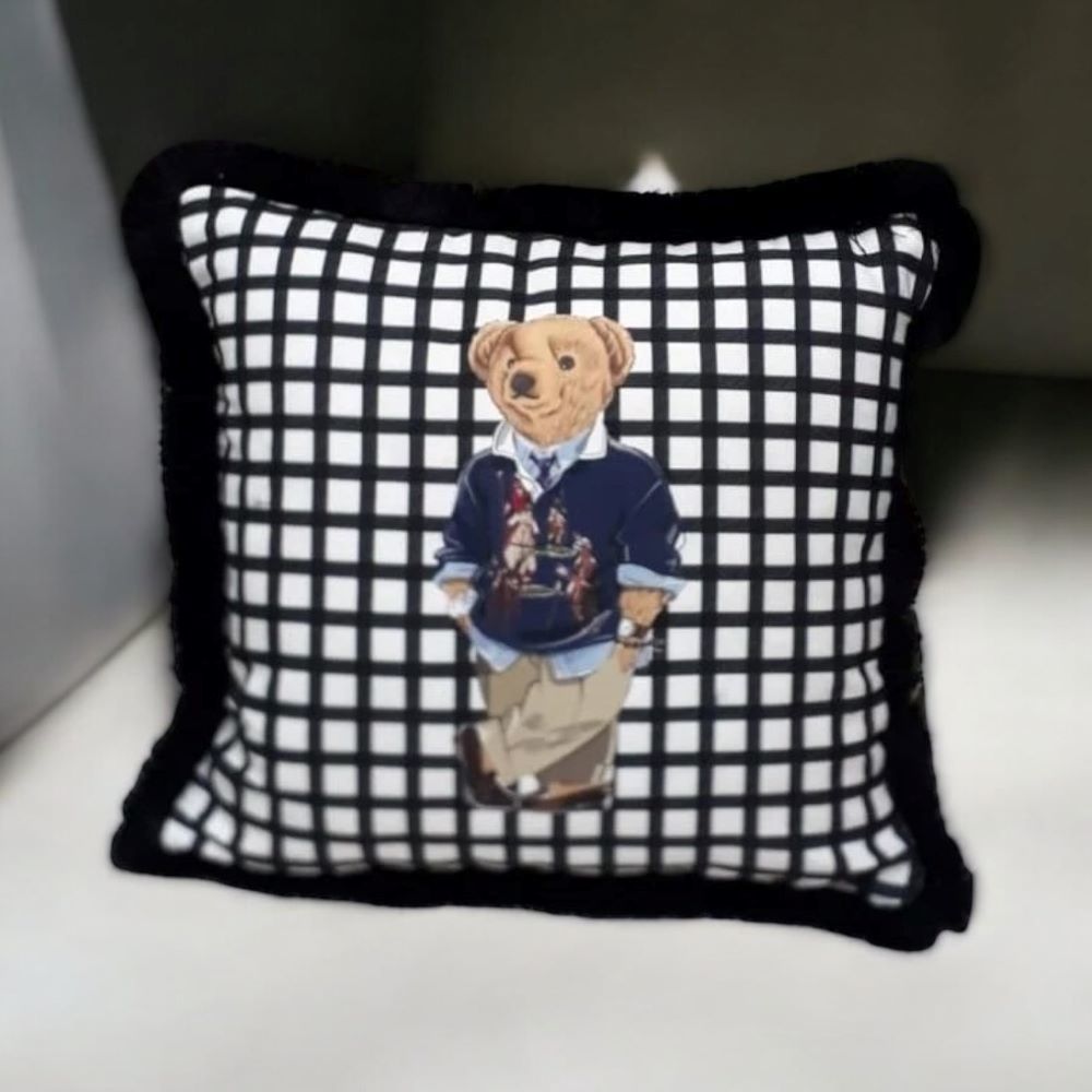 Siyah Beyaz Kareli Desen Bay Teddy Yastık