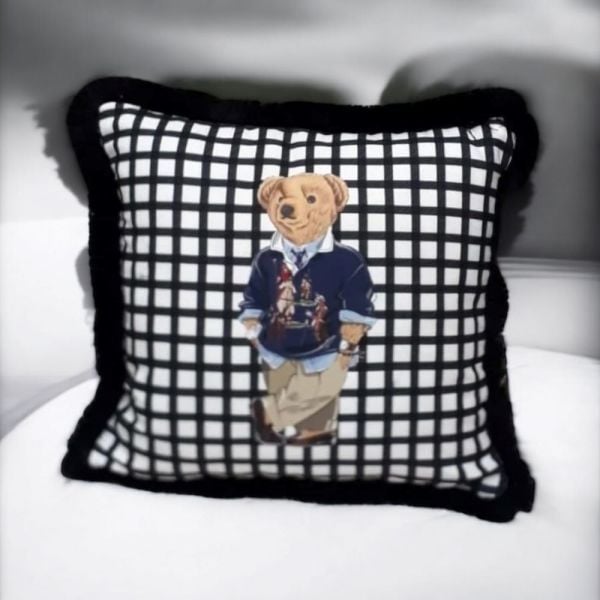 Siyah Beyaz Kareli Desen Bay Teddy Yastık