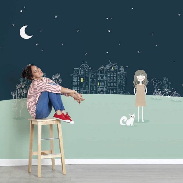 Gece Gökyüzü Küçük Hanım Ve Kedisi Duvar Kağıdı