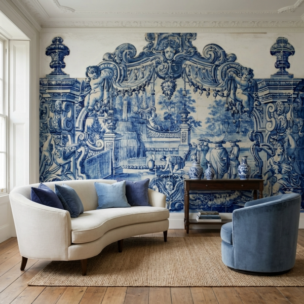 Blue Blanc Çini Mavi Tarihi Çeşme Duvar Kağıdı