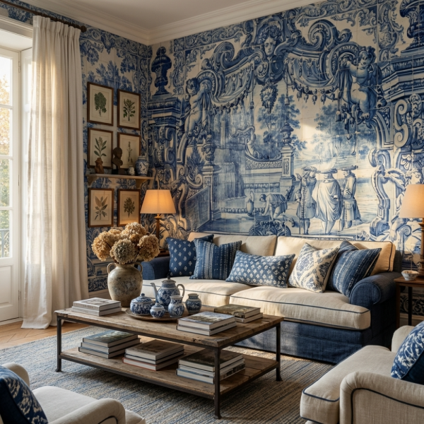 Blue Blanc Çini Mavi Tarihi Çeşme Duvar Kağıdı