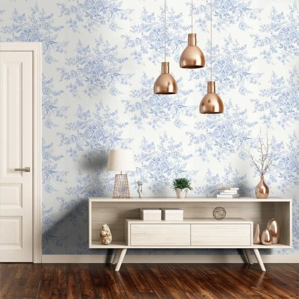 Ralph Lauren Beyaz Zeminde Mavi Kuşlar Çiçekler Duvar Kağıdı