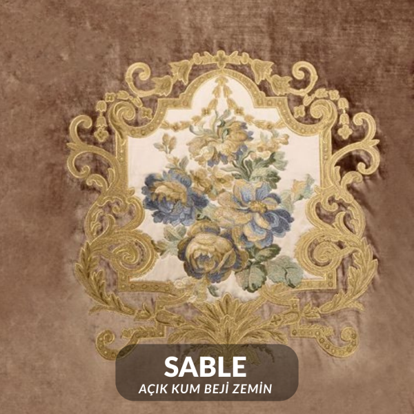 Kadife Üzerine Aplike Nakışlı Pano Kumaş SABLE (Açık Kum Beji Zemin)