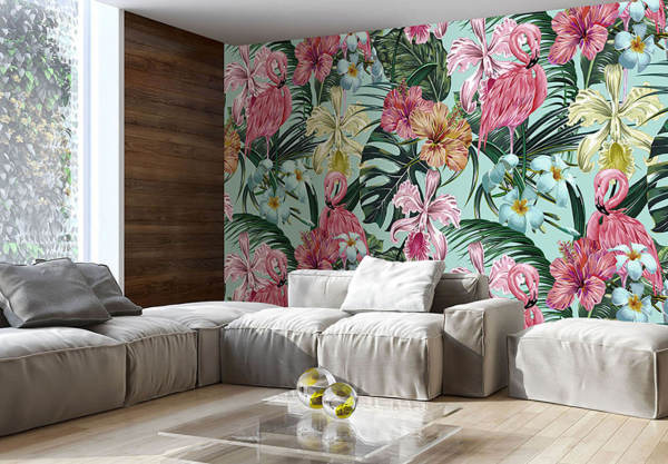 Çiçekler İçinde Pembe Leylekler Duvar Kağıdı