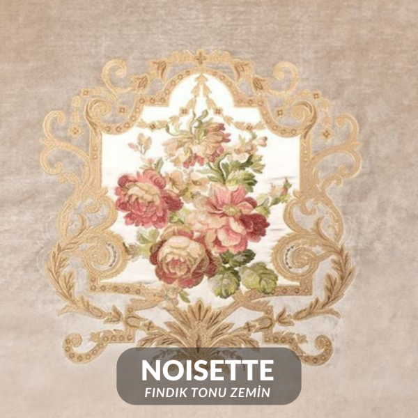 Kadife Üzerine Aplike Nakışlı Pano Kumaş NOISETTE (Sıcak Kahve – Fındık Tonu Zemin)