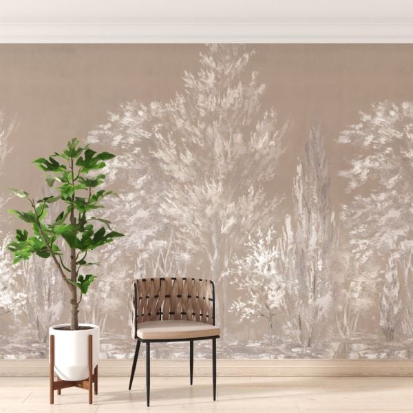 Suluboya Efektli Ağaçlar Sepya Tasarım Duvar Kağıdı