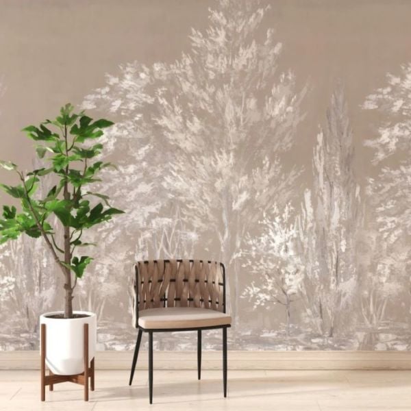 Suluboya Efektli Ağaçlar Sepya Tasarım Duvar Kağıdı