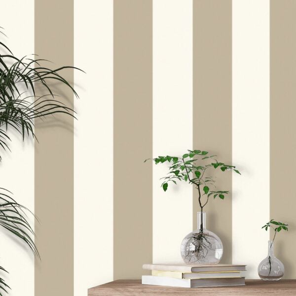 Ralph Lauren Çizgili Vinil  Bej Beyaz Duvar Kağıdı