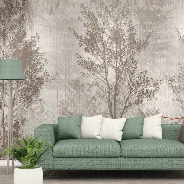 Leylekler Dokuma Efektli Zemin Sepya Duvar Kağıdı