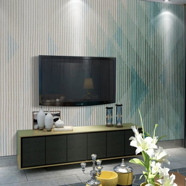 Dikey Çizgili Turkuaz Üçgen Detaylı Duvar Kağıdı