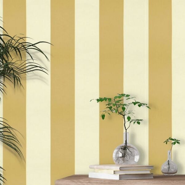 Ralph Lauren Çizgili Vinil Hardal Krem Duvar Kağıdı