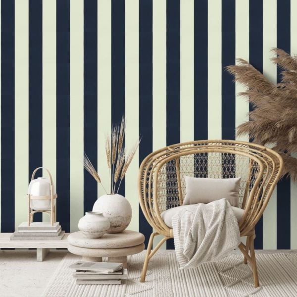 Ralph Lauren Çizgili Vinil Lacivert Beyaz Duvar Kağıdı