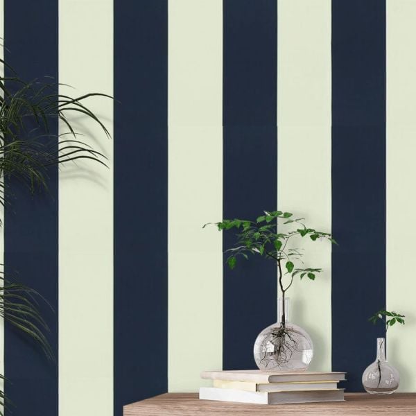 Ralph Lauren Çizgili Vinil Lacivert Beyaz Duvar Kağıdı