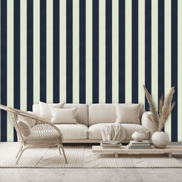 Ralph Lauren Çizgili Vinil Lacivert Beyaz Duvar Kağıdı