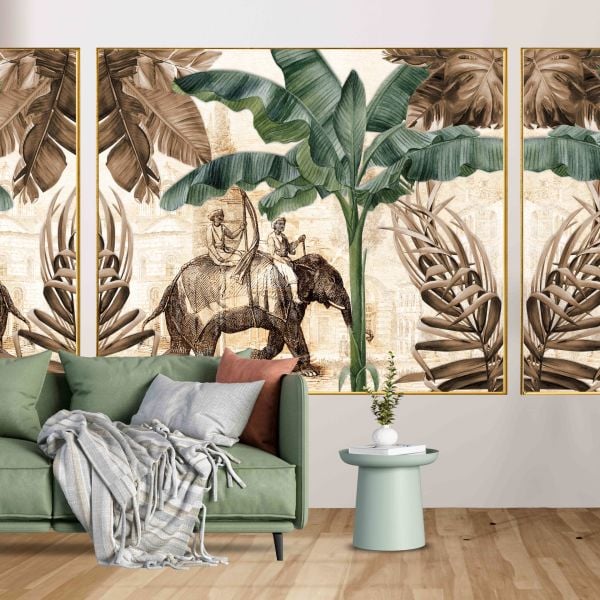 Sepya Yeşil Renk Muz Ağaçları Fil Tasarım Duvar Kağıdı