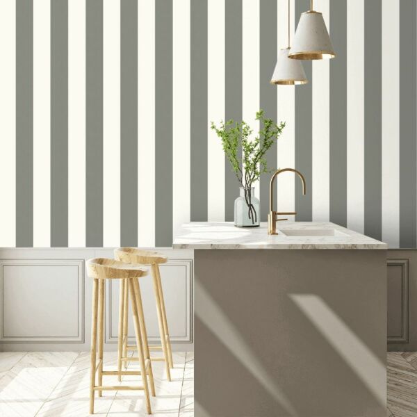 Ralph Lauren Çizgili Vinil Gri Beyaz Duvar Kağıdı