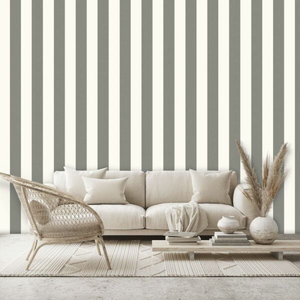 Ralph Lauren Çizgili Vinil Gri Beyaz Duvar Kağıdı