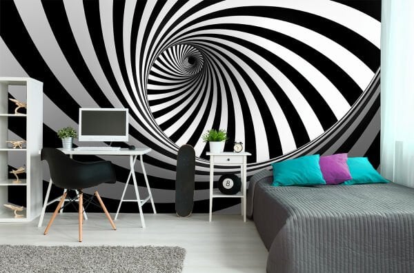 Siyah Beyaz Tünel Girdap Desen Duvar Kağıdı