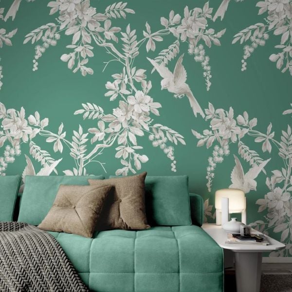 Vintage Yeşil Renkli Doku Küçük Kuşlar Duvar Kağıdı