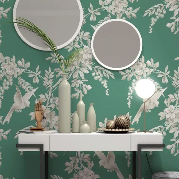 Vintage Yeşil Renkli Doku Küçük Kuşlar Duvar Kağıdı