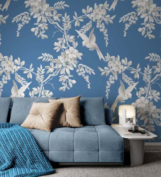 Vintage Mavi Renkli Doku Küçük Kuşlar Duvar Kağıdı