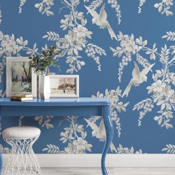 Vintage Mavi Renkli Doku Küçük Kuşlar Duvar Kağıdı