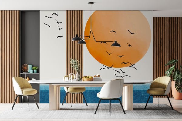 Gün Batımında Uçan Kuşlar ve Deniz Geometrik Duvar Kağıdı