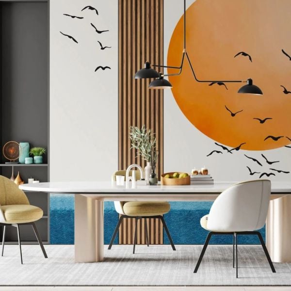 Gün Batımında Uçan Kuşlar ve Deniz Geometrik Duvar Kağıdı