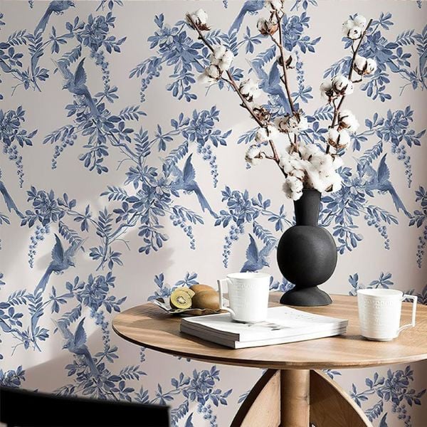 Vintage Beyaz Renkli Doku Küçük Kuşlar Duvar Kağıdı