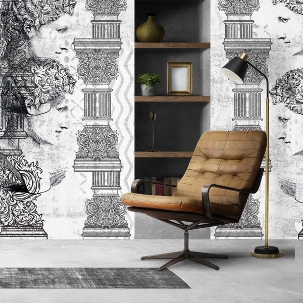 Kara Kalem Efektli Mitolojik Sütunlar ve Zeus Duvar Kağıdı