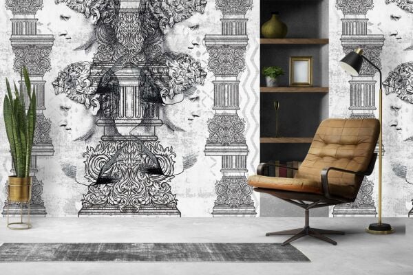 Kara Kalem Efektli Mitolojik Sütunlar ve Zeus Duvar Kağıdı