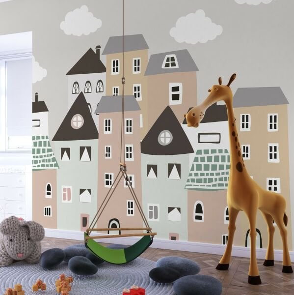 Sevimli Şirin Çizim Binalar Duvar Kağıdı