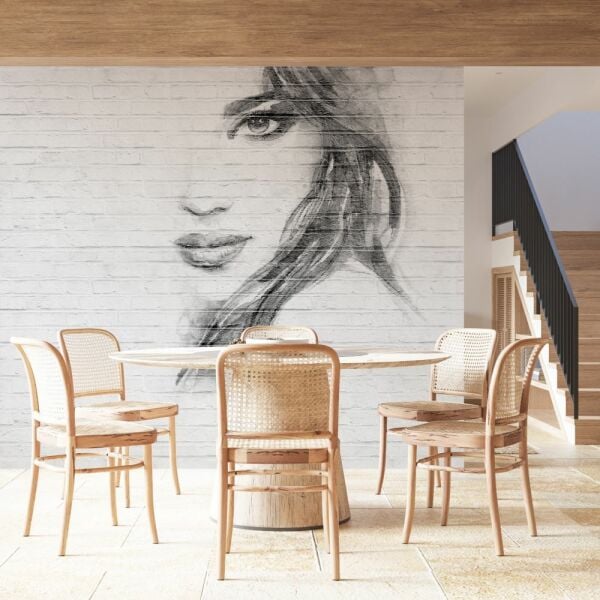 Beyaz Tuğlalar İçinde Karakalem Çizim Duvar Kağıdı