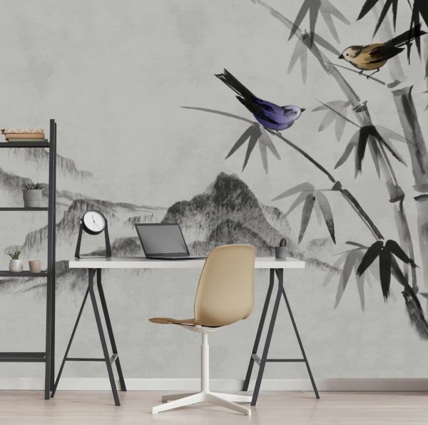 Bambu Ağacında Mavi Minik Serçe Kuşlar Duvar Kağıdı